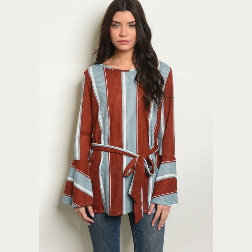 BLUE & RUST STRIPED—BELTED TUNIC W/ BELL SLEEVES!! BNWT!! - Picture 2 of 5